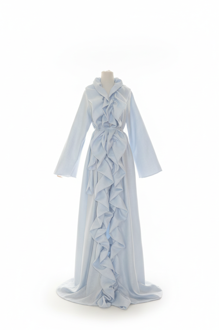 Light blue dress with ruffled details on a white background